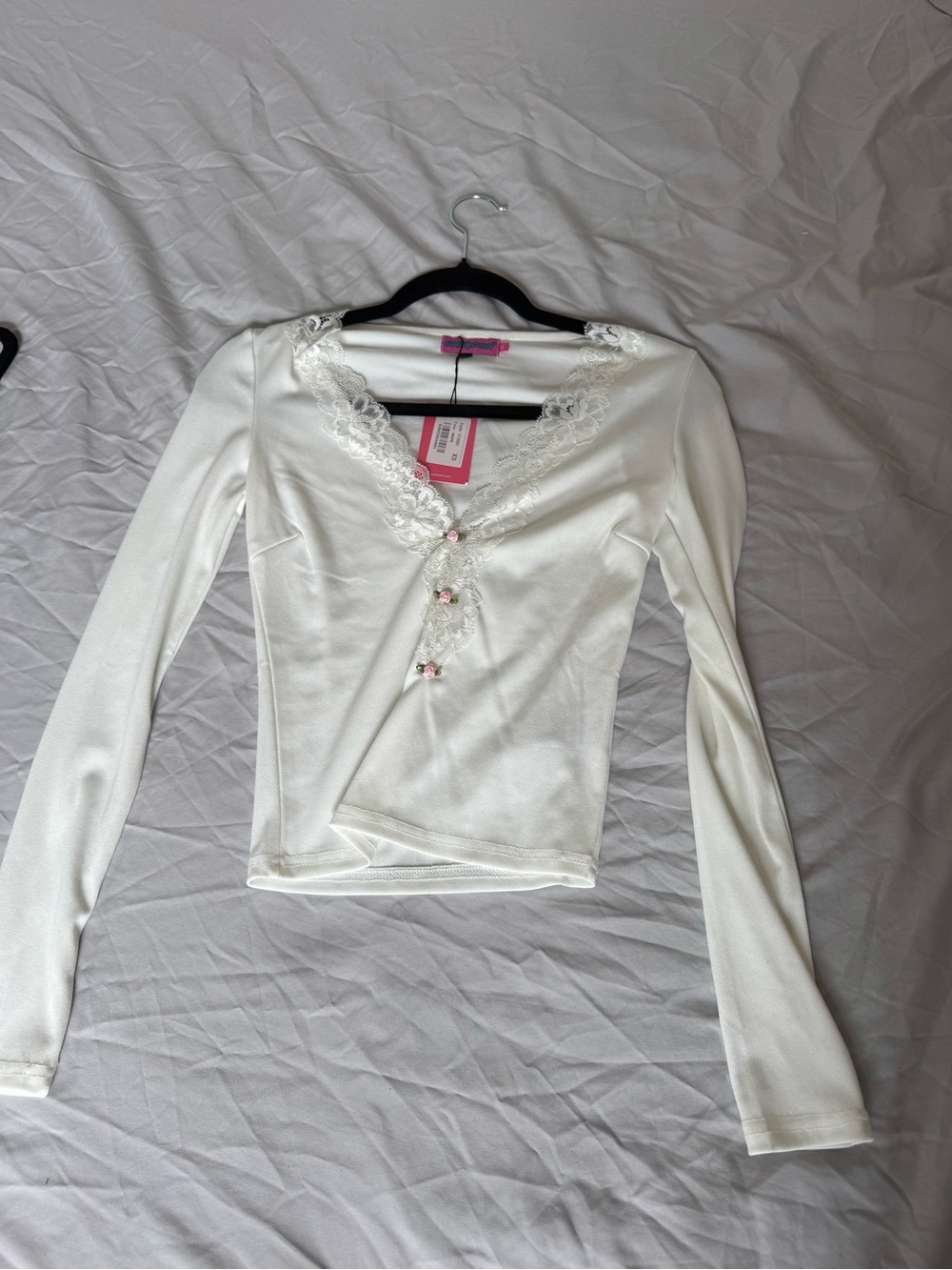 Edikted White Lace-Trim Long Sleeve Henley Top
